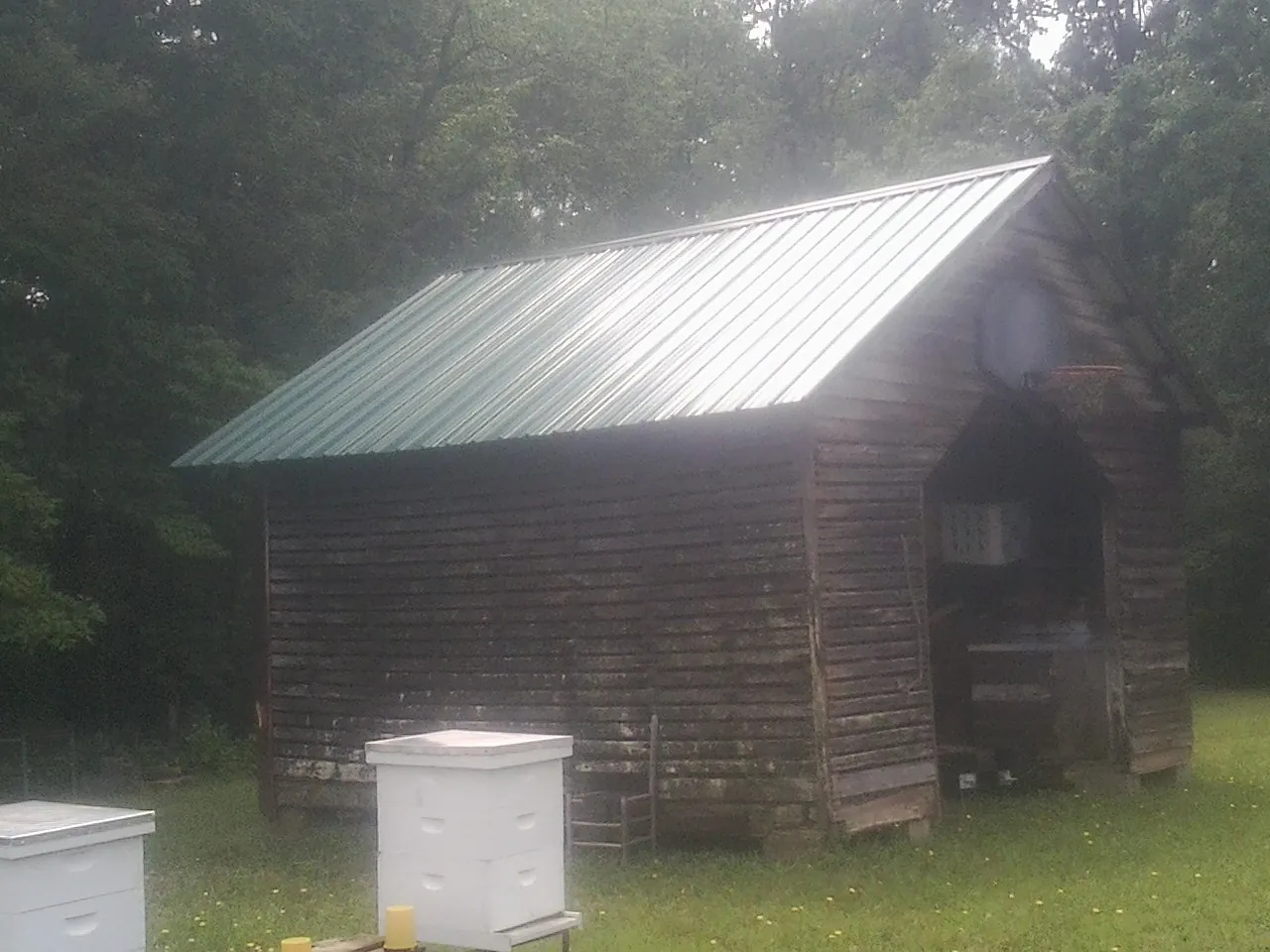 Green metal roof on a weathered barn beside stacked beehives in Crystal Beach